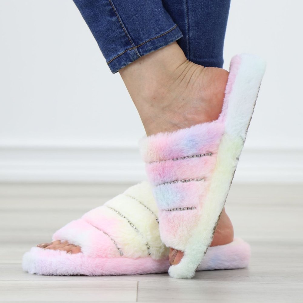 Tie Dye Puff Fuzzy Fluffy Slip On Plush Slippers Diamond Accents - Picture 10 of 15